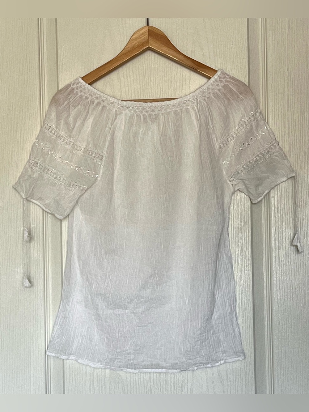 Boho White Cotton Gauze Peasant Blouse Lace Trim Size S Romantic Shabby Chic - Picture 15 of 15